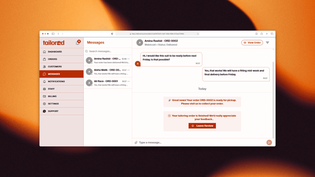Live order updates and chat with your tailor